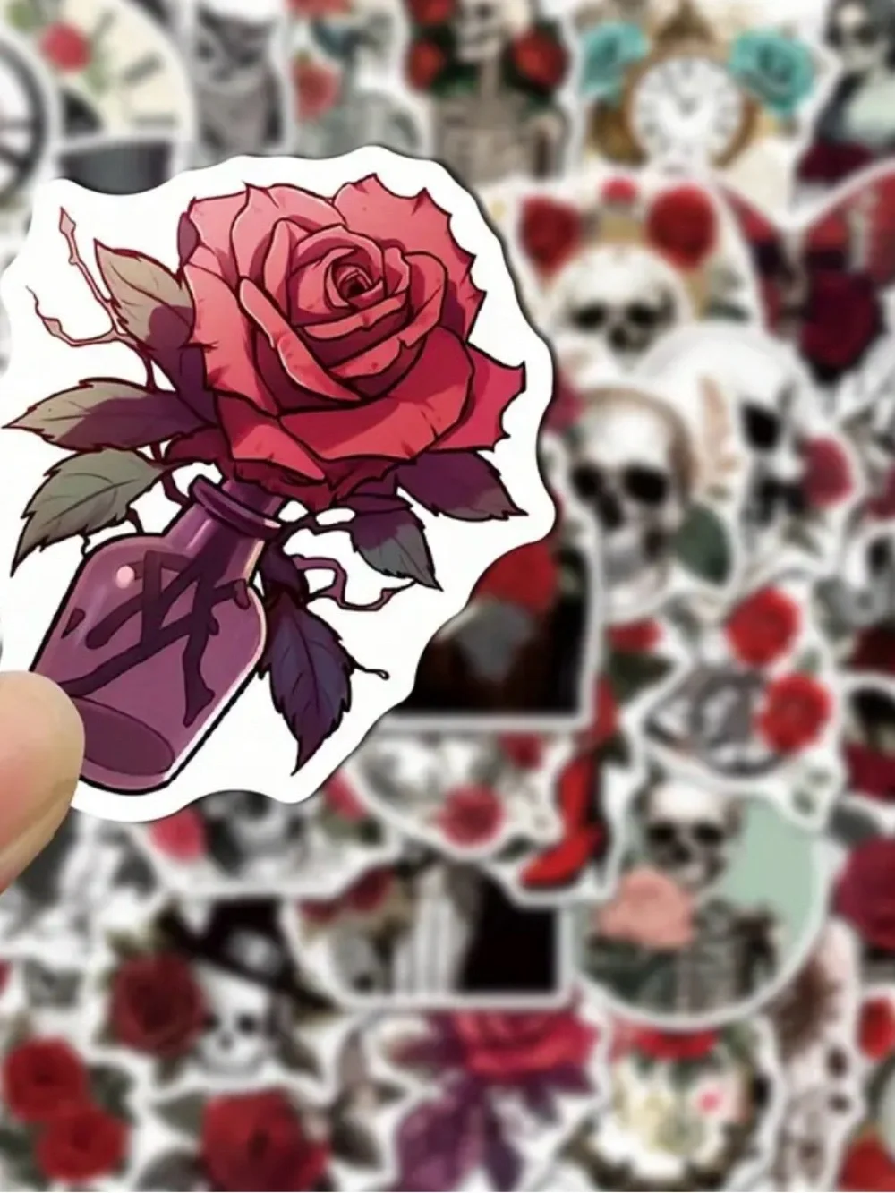 50 Gothic Vintage Skull & Rose Stickers Halloween Black Red Skeletons Flowers
